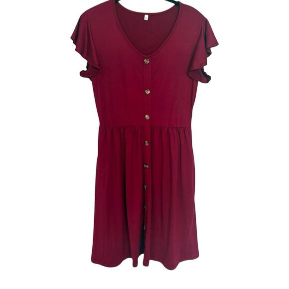 WNEEDU Casual Dress Mock Button Down Knee Length Size Large Pockets Burgendy - Picture 2 of 6